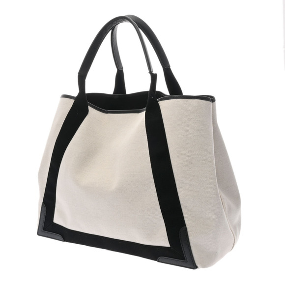 BALENCIAGA Navy Blue Cabas Beige Black Canvas Leather Handbag - Picture 2 of 9